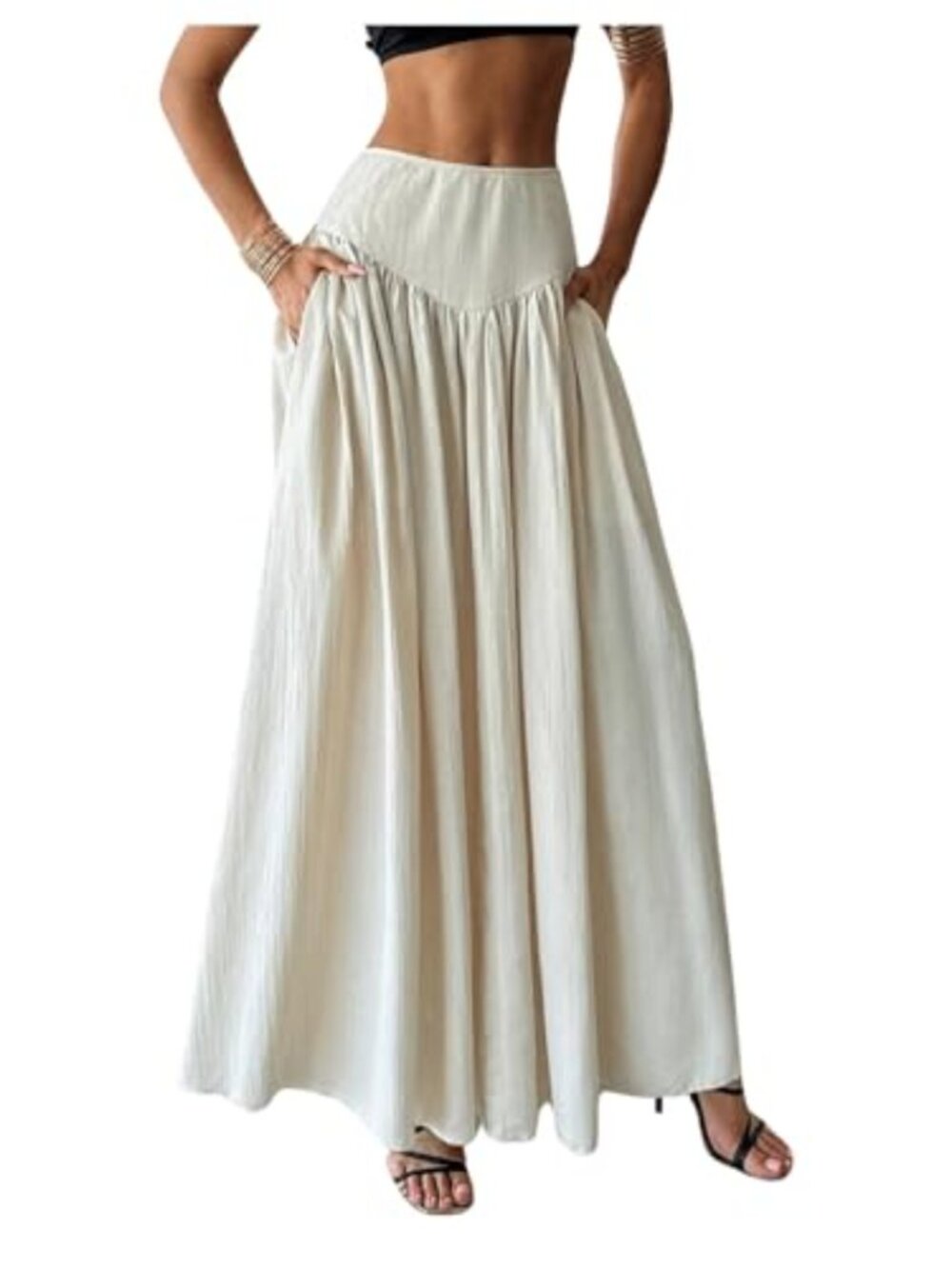 Pleated Flowy Maxi Skirt High Waist with Pockets